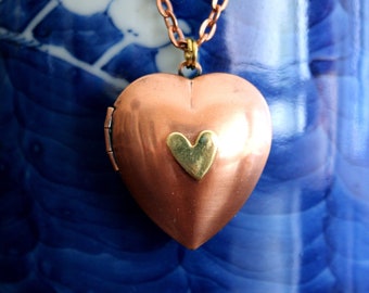 Vintage Style Polished Copper Heart Locket on a Matching Belcher Chain