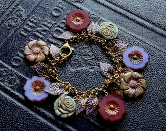 Brass and Czech Glass Flower Charm Bracelet