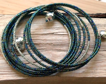 Green and Blue Metallic Seed Bead Glass Memory Wire Wrap Bracelet with Silver Accents