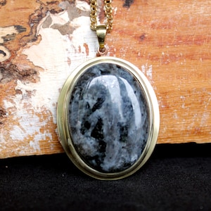 Large Vintage Style Oval Brass Locket with a Labradorite Stone Cabochon on a Matching Belcher Chain
