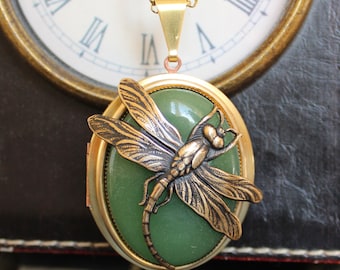 Extra Large Art Nouveau Style Green Aventurine Dragonfly Locket Necklace