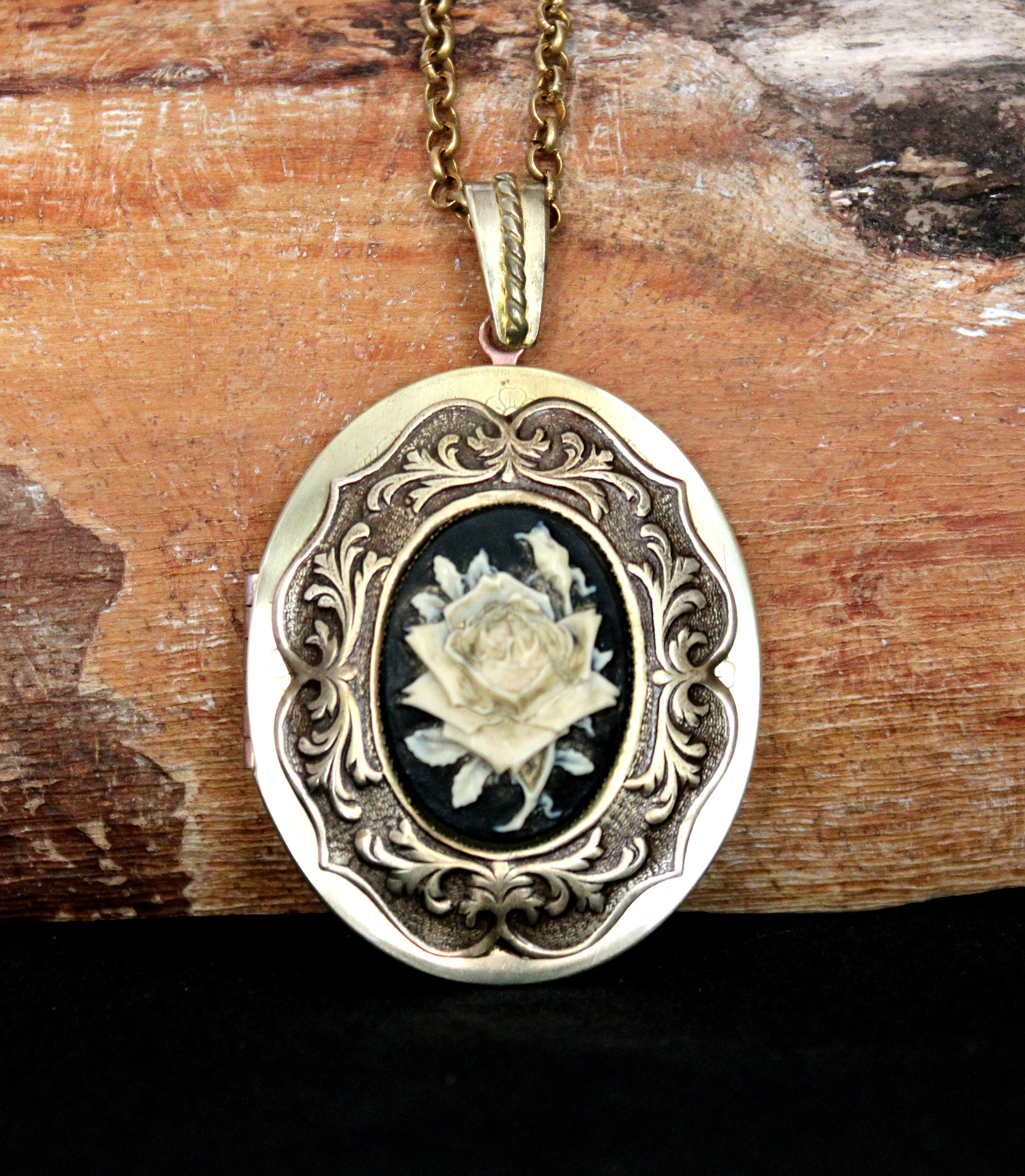 Pendentif Argenté Porte-Photo Camée Buste Femme Rose - Vintage - Bon état