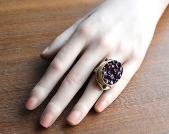 Large Adjustable Vintage Oval Brass Ring with Red Garnet