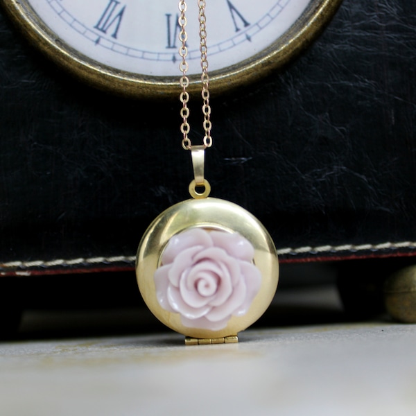 Round Polished Brass Locket with Pale Pink Resin Rose Cabochon