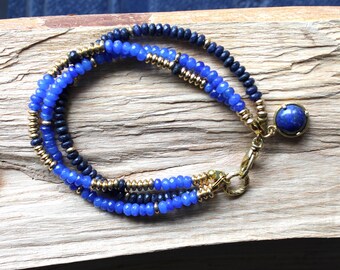 Boho Gemstone and Brass Three Strand Bracelet