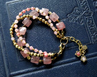 Boho Gemstone and Brass Three Strand Bracelet