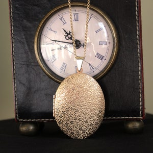 Enormous Forget-me-not Patterned Oval Vintage Brass Locket on a Matching Belcher Chain