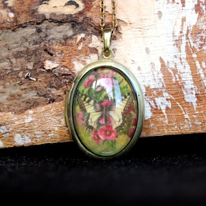 Vintage Style Oval Brass Locket with a Glass Butterfly Cabochon on a Matching Link Chain