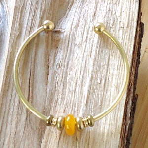 Vintage Style Brass Cuff Bangle with Yellow Jade and Brass Beads
