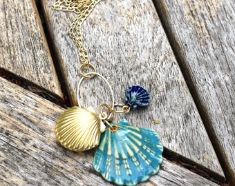 Boho Style Ceramic and Brass Shell Locket Necklace