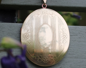 Extra Large Etched Oval Vintage Brass Locket on a Matching Fine Link Chain