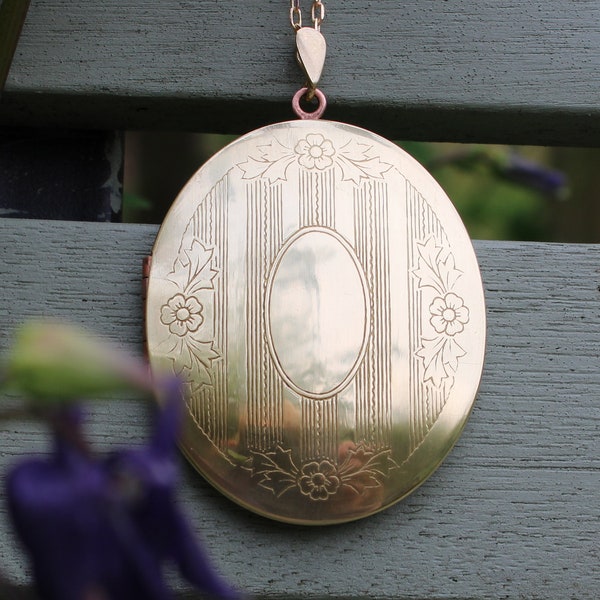 Extra Large Etched Oval Vintage Brass Locket on a Matching Fine Link Chain