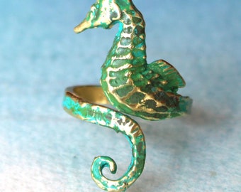 Boho Style Hand Painted Brass Seahorse Ring