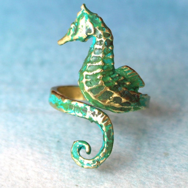 Boho Style Hand Painted Brass Seahorse Ring