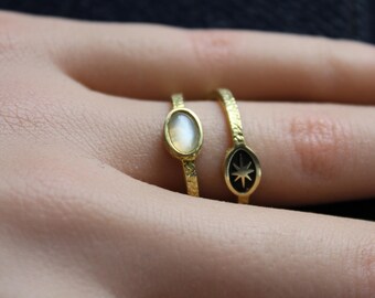 Vintage Style Adjustable Two Band Brass Ring with Moonstone Cabochon