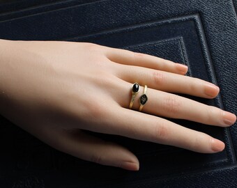 Vintage Style Adjustable Two Band Brass Ring with Gemstone Cabochon
