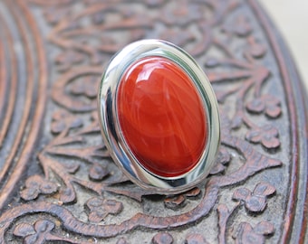 Extra Large Adjustable Silver Plated Retro Style Oval Red Banded Agate Gemstone Ring