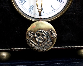 Large Art Nouveau Inspired Polished Brass Locket Necklace with Repousse Pansy Decoration