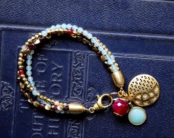 Boho Gemstone and Brass Three Strand Bracelet