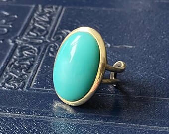 Large Adjustable Brass Ring with Turquoise Vintage Glass Stone