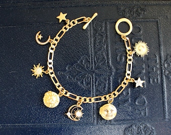 Vintage Style Celestial Sun Moon Star  Brass Charm Bracelet