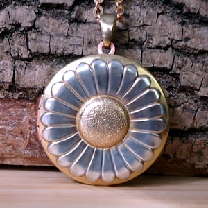 Vintage Style Antiqued and Silvered Brass Sunflower Locket