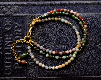 Boho Indian Agate and Brass Three Strand Bracelet