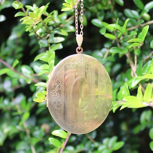 May include: A gold oval locket with an engraved design and a chain. The locket is hanging from a branch of a green bush.