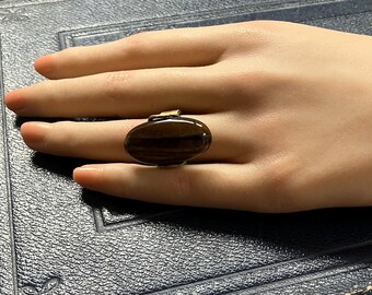Retro Style Brass Ring with Long Oval Tigers Eye Gemstone Cabochon