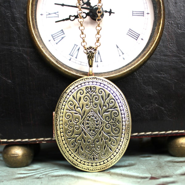 Extra Large Patterned Oval Vintage Brass Locket on a Matching Belcher Chain