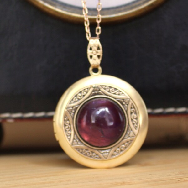 Art Nouveau Inspired Locket with an Amethyst Cabochon on a Matching Fine Oval Link  Chain