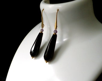8 mm Gemstone Beads 9ct Gold Earrings Hooks / Drops Black Onyx Earrings 