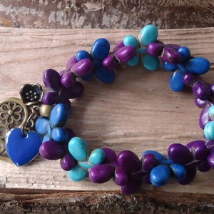 Blue and Purple Stone Butterfly Stretch Bracelet with Hearts and Flower Dangle