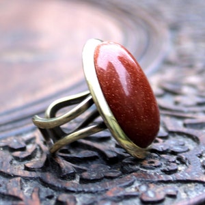 Large Adjustable Vintage Style Oval Goldstone Stone Ring