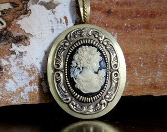 Extra Large Victorian Inspired Polished Brass Cameo Locket Necklace