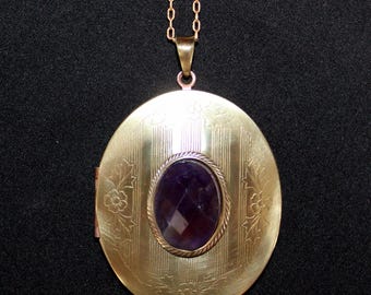 Etched Brass Locket: Vintage Oval Amethyst Cabochon Pendant