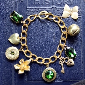 Vintage Style Chunky Brass and Green Stone Charm Bracelet