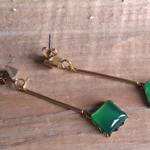 Green Agate Gemstone and Brass Long Dangle Earrings