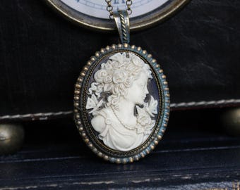Large Oval Oxidized Brass Victorian Lady Cameo Locket on a Matching Belcher Chain