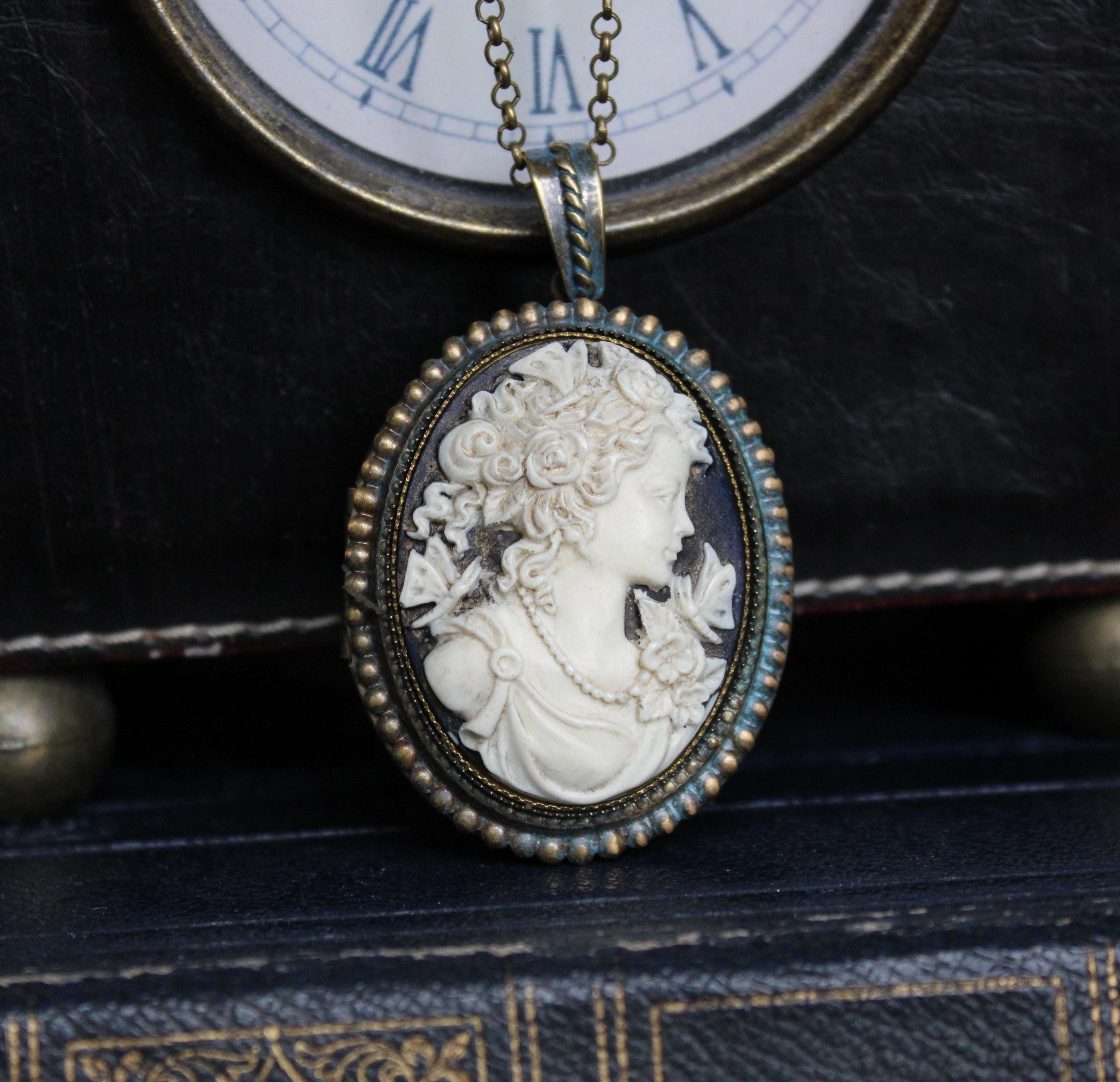 Large Oval Oxidized Brass Victorian Lady Cameo Locket on a Matching Belcher Chain
