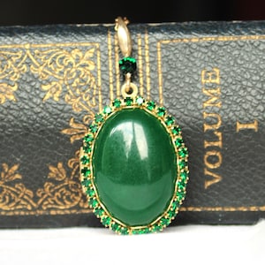 Victorian Style Brass Locket: Green Jade & Rhinestone Pendant Necklace