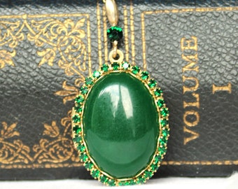 Victorian Style Oval Brass Locket with a Green Jade Cabochon trimmed with Rhinestones on a Matching Fine Rectangle  Link  Chain
