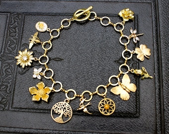 Vintage Style Nature Inspired  Brass Charm Bracelet