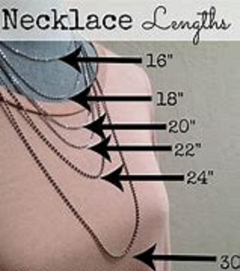 May include: A visual guide to necklace lengths, showing five different lengths from 16 inches to 30 inches. The necklaces are shown on a mannequin wearing a light pink shirt.