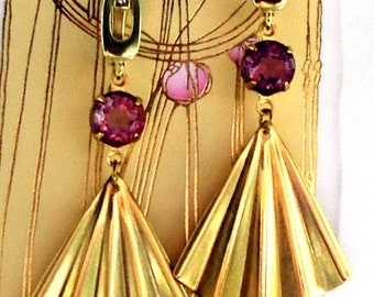 Art Deco Inspired Brass and Rhinestone Fan Earrings