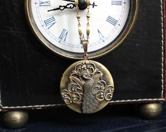 Large Art Nouveau Inspired Polished Brass Locket Necklace with Peacock Design