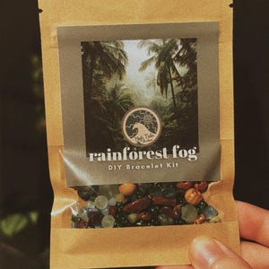 May include: A DIY bracelet kit in a brown paper package. The package features a rainforest scene and the words "rainforest fog" and "DIY Bracelet Kit." The kit contains various colorful beads in shades of green, orange, and brown.