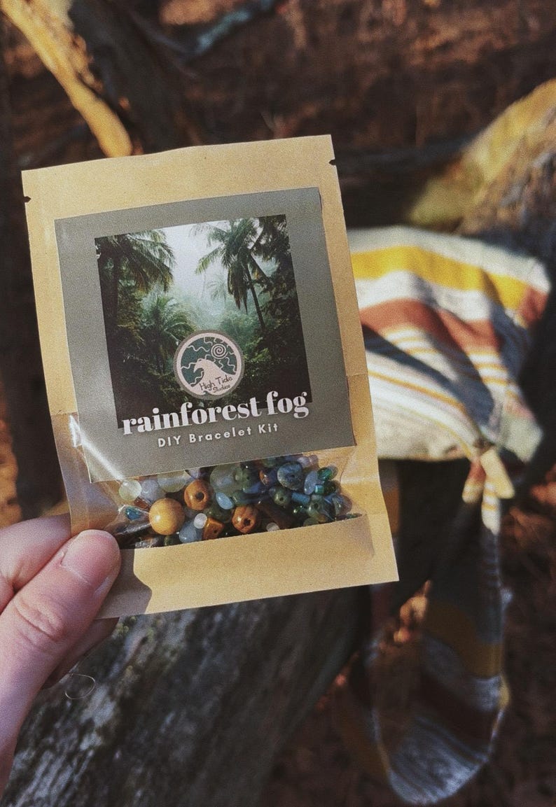 May include: A DIY bracelet kit in a clear plastic bag. The kit is labeled "rainforest fog" and includes beads in shades of green, blue, and brown. The bag has a picture of a rainforest scene. The kit is held by a person.