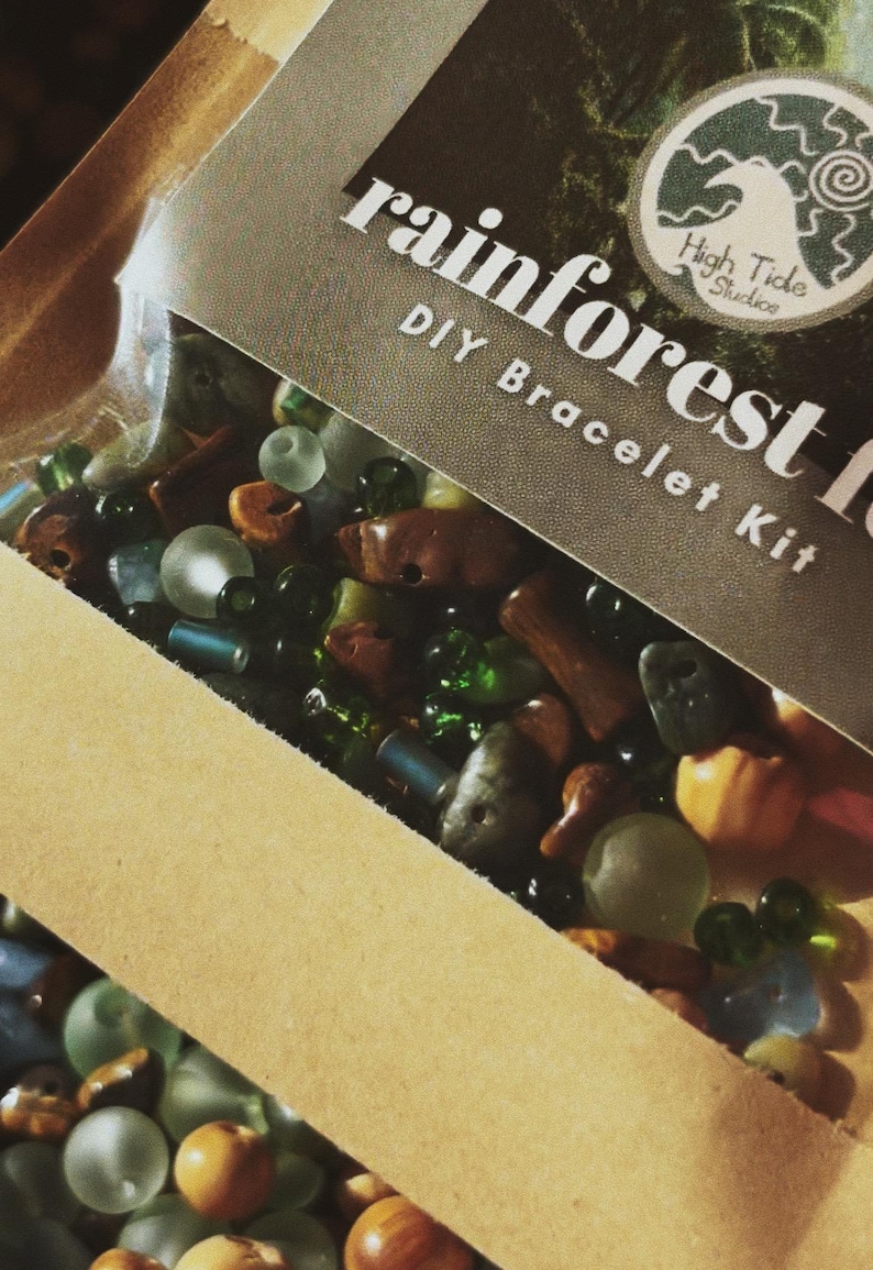 May include: A DIY bracelet kit with the words "rainforest" and "DIY Bracelet Kit" printed on the packaging. The kit contains a variety of beads in shades of green, brown, blue, and orange. The kit is from High Tide Studios.