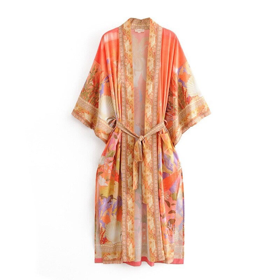 Summer Boho Kimono Dress Floral Kimono Robe Dress Hippie - Etsy